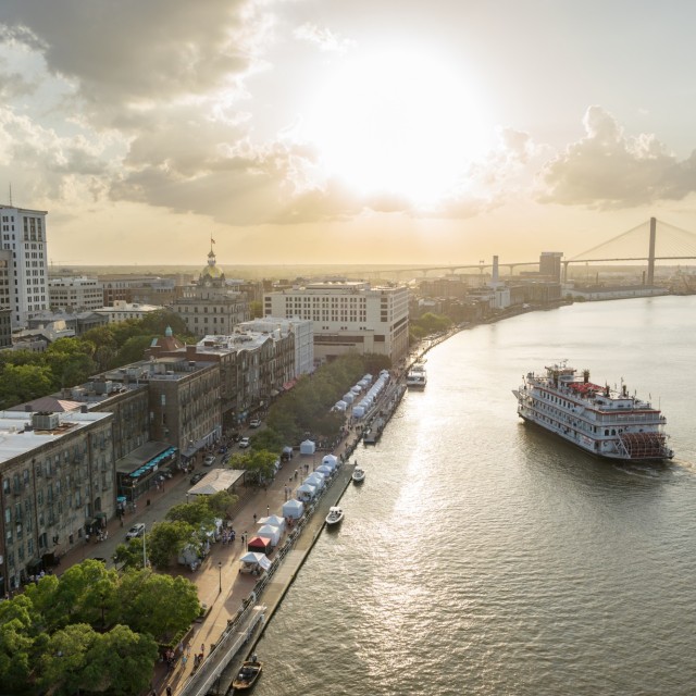 riverboat on the Savannah River at sunset