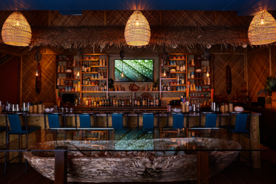 The elaborate bar at Water Witch Tiki Bar The bar at Water Witch Tiki Bar in Savannah, Georgia
