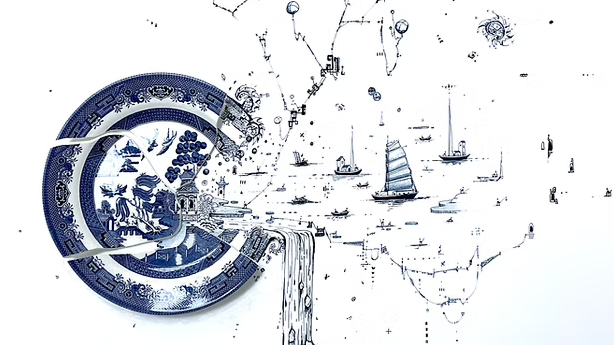 An art exhibition blending a mix of ceramic plates and illustration.