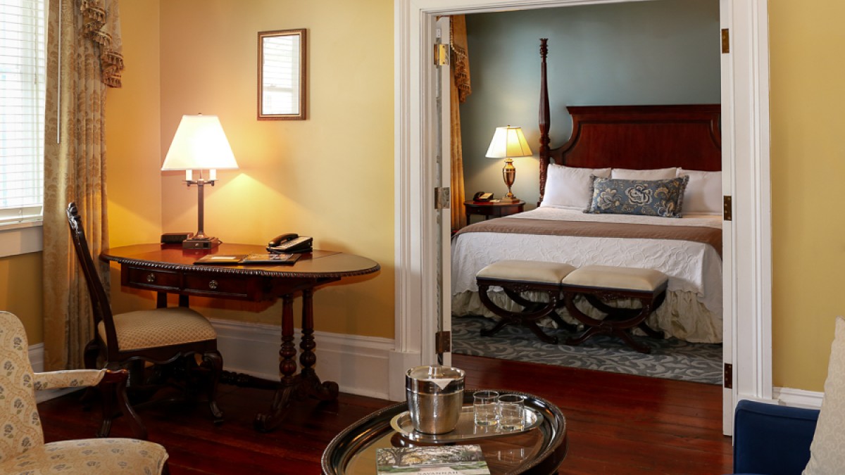 An elegant suite inside the Marshall House in Savannah, Georgia.