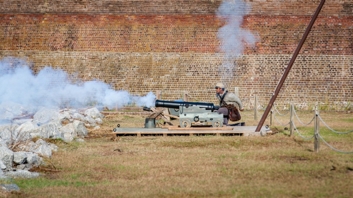 A canon firing at Old Fort Jackson in Savannah, Georgia.