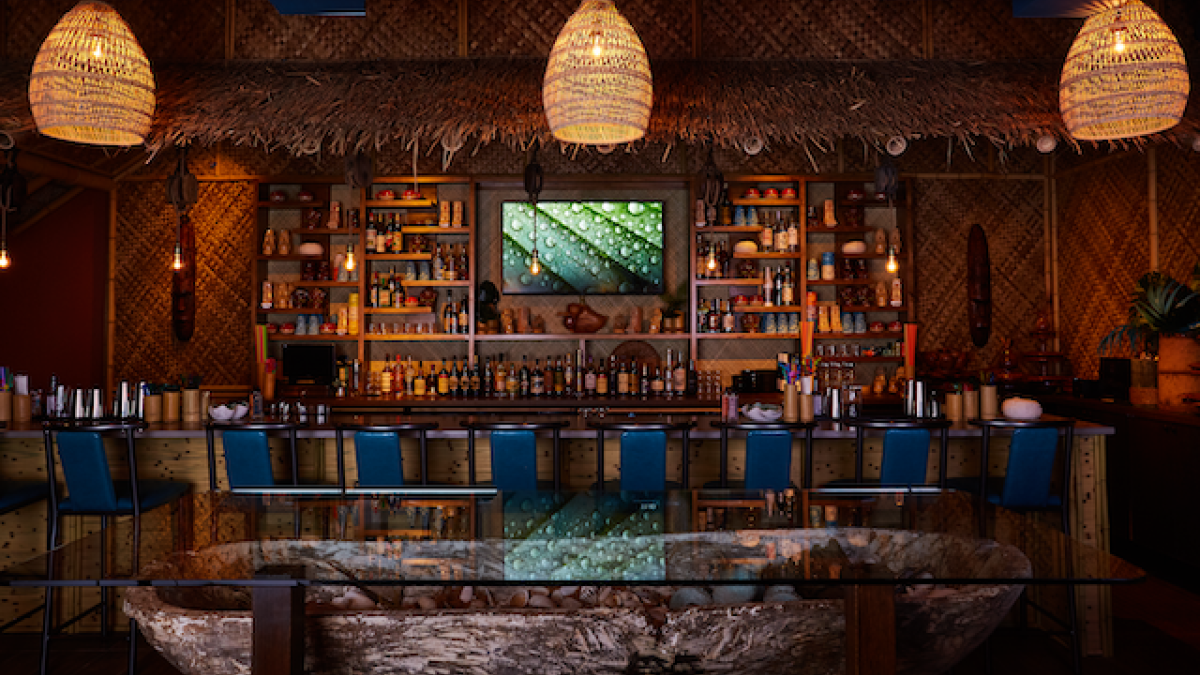 The elaborate bar at Water Witch Tiki Bar The bar at Water Witch Tiki Bar in Savannah, Georgia