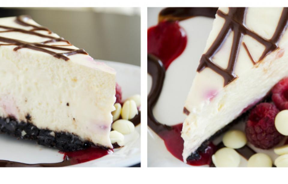 White Chocolate Raspberry Cheesecake - Chocolate cookie crust, creamy white chocolate raspberry cheesecake.